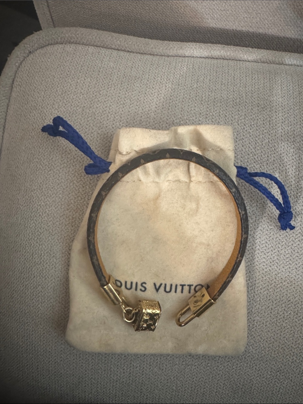 Louis Vuitton Brown Monogram Leather Bracelet with Gold Charm